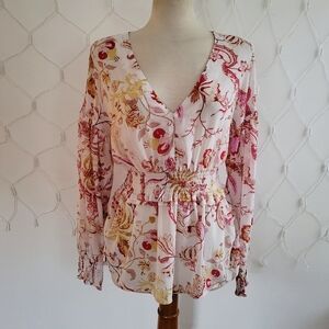 Guess Floral Flirty Blouse • Red & Gold • Size Medium